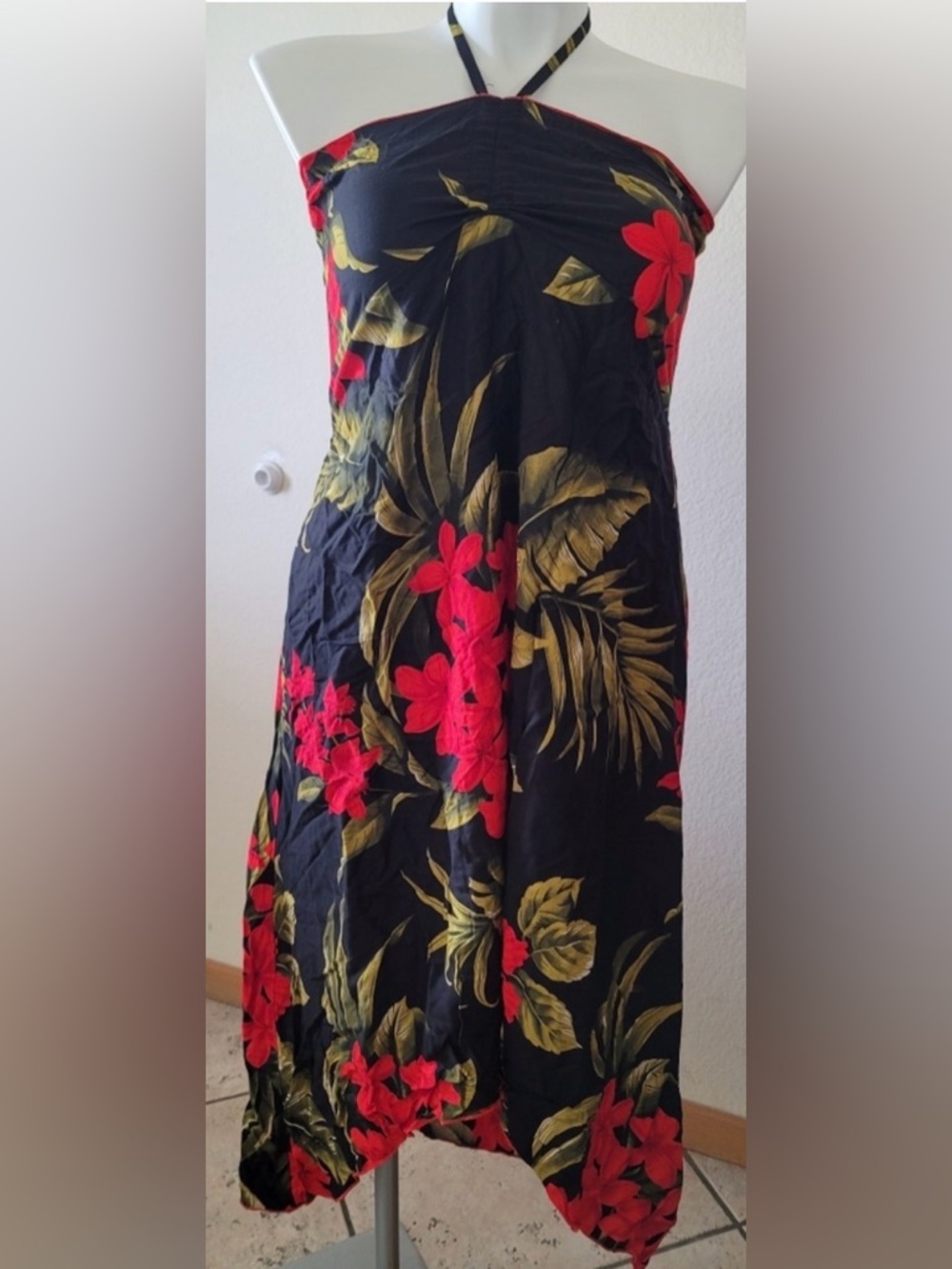 Favant Hibiscus Tropical Black Maxi Dress with Red Floral Print M